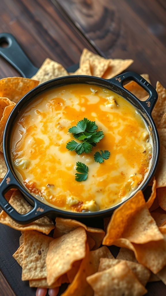 Cheesy Baked Queso Dip Recipe A warm bowl of baked queso dip with tortilla chips on a wooden table.